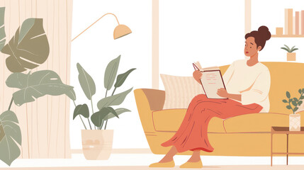 A woman reading a book about perimenopause in a cozy, softly lit living room, the tone calm and empowering