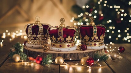 Three ornate royal crowns adorned with red velvet, gold, and gemstones. Three Kings Day, Epiphany, Feliz dia de Reyes