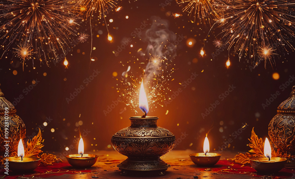 Poster table with four candles and a smokey background. the candles are lit and the smoke is coming from th