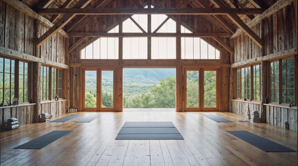 Wellness retreat space for yoga and meditation in Vermont barn with panoramic mountain views