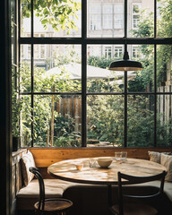 Fototapeta premium Cozy Copenhagen dining space with built-in seating, black pendant, and natural wood details