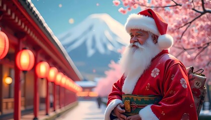 Santa in Traditional Attire with Japanese Lanterns
