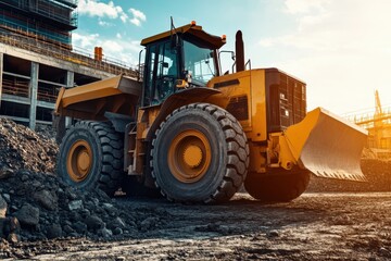 Fototapeta premium Heavy machinery operates at construction site during golden hour