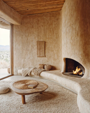 Santa Fe adobe living room with kiva fireplace and desert views