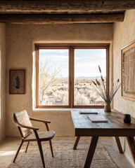 Fototapeta premium Santa Fe adobe home office with wooden furniture and desert views, minimalist workspace 