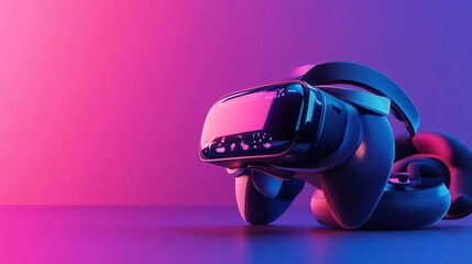 A VR headset and headphones on a purple and blue background.