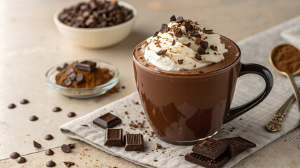 Hot chocolate with whipped cream and chocolate shavings