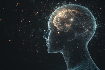 Obraz premium Digital representation of a human head with a glowing brain and particles in space