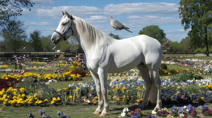 A white horse is standing in a park full of flowers and a beautiful dove is sitting on top of it