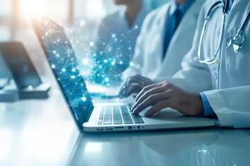 A doctor utilizes a laptop computer to analyze and interpret digital medical data, highlighted by a conceptual web of glowing connections, indicating technology's role in healthcare.