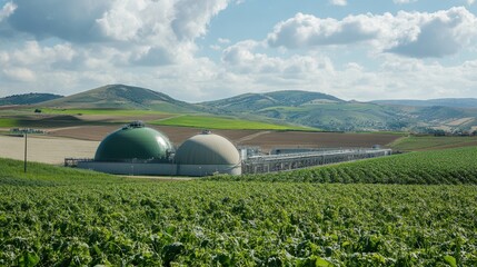 Bioenergy Production Industry Concept, Innovative Bioreactor Installation with Domes and Pipeline Network for Sustainable Bioenergy Production in a Lush Green Landscape Under Clear Blue Sky