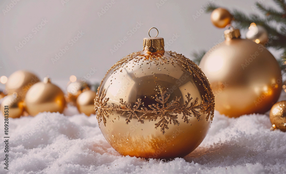 Poster gold ornament with snowflakes on it sits on a snowy surface. there are several other gold ornaments 