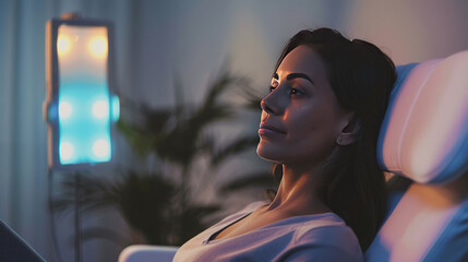 A woman undergoing hormone therapy, sitting calmly while receiving treatment in a peaceful medical setting, soft lighting creating a hopeful mood