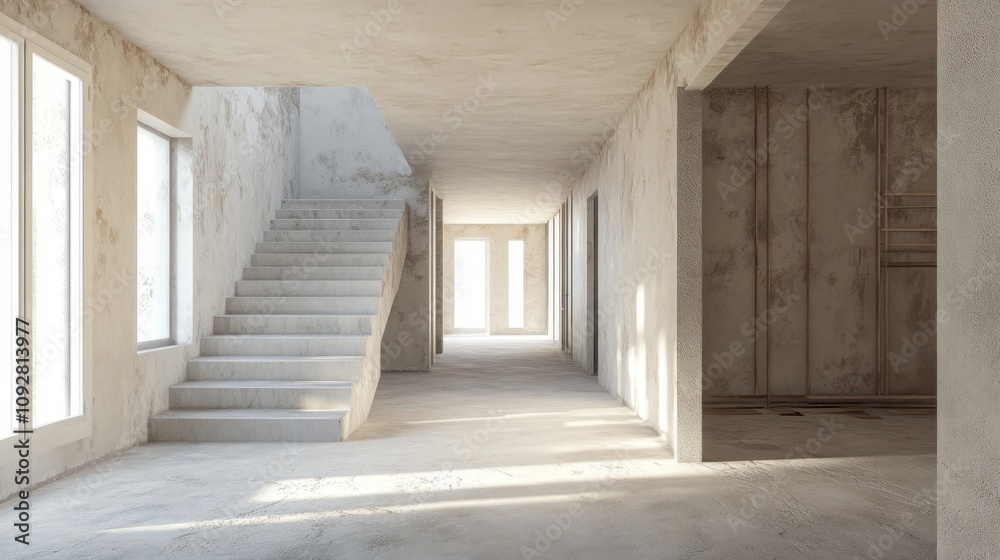 Poster a large, empty room with a staircase leading up to it