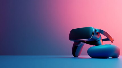 A VR headset and a controller on a blue surface, with a pink and blue background.