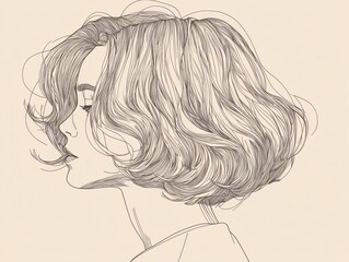 Stylish line art drawing of a woman with short, wavy hair, side profile on beige background.