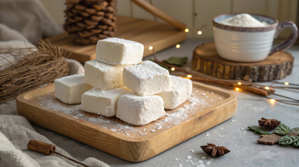 Festive marshmallow setup with hot drinks and cozy decor