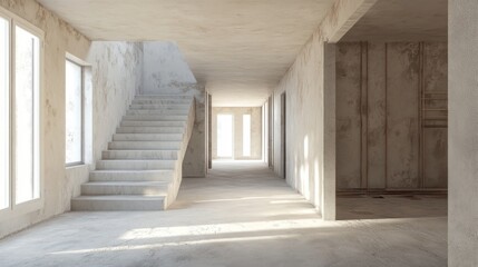 Fototapeta premium A large, empty room with a staircase leading up to it