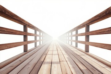 Wooden pathway leading into bright, foggy horizon, white isolate background.