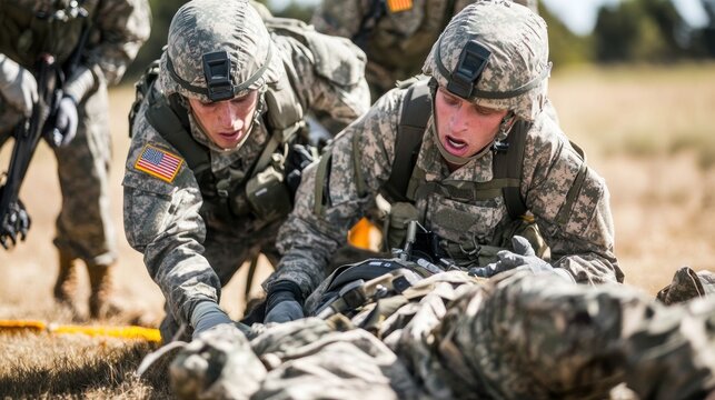 Two soldiers provide medical aid to a fallen comrade during a training exercise.