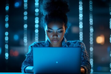 A woman intently concentrates on a laptop screen, illuminated by the ambient blue lighting in a dark room, evoking nighttime study and modern digital engagement.