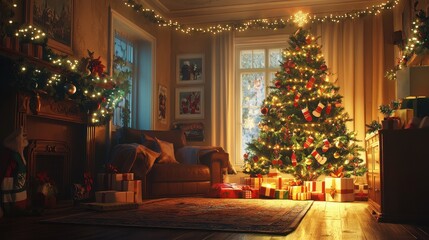 Decorated Christmas tree in the room. Selective focus
