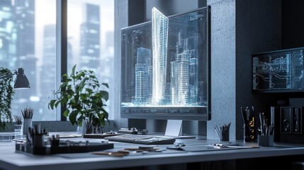 A modern workspace showcasing a dynamic skyscraper model, surrounded by futuristic tools and a holographic display 