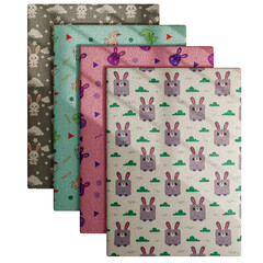 A set of four patterned rabbit-themed items, including a rug, a pillow