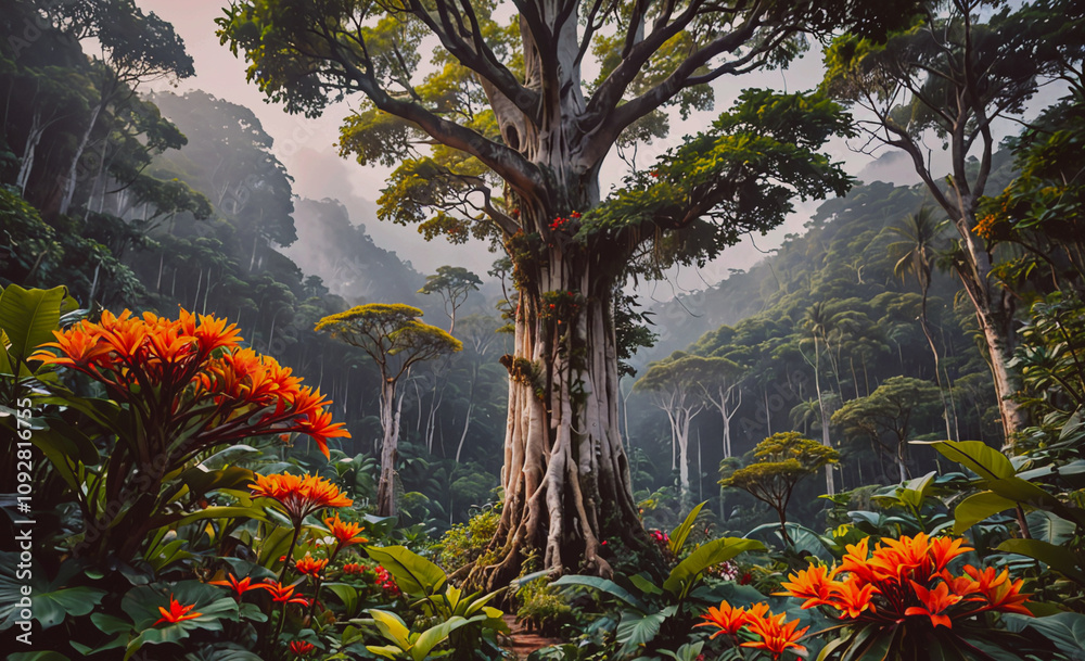 Poster large tree with many branches and leaves. there are also many flowers in the background. the flowers