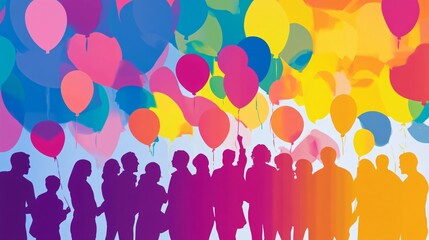 Silhouetted individuals gather, joyfully holding colorful balloons during a lively event