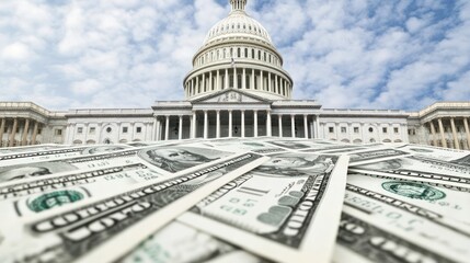 US Capitol Building with dollar bills in foreground.
