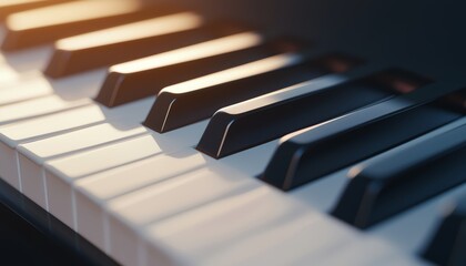 A close-up view of piano keys, highlighting the contrast between black and white keys, illuminated by warm light.