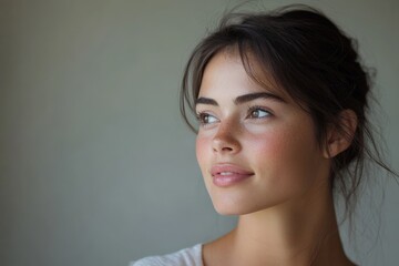 A woman with natural beauty gazes dreamily into the distance, with soft lighting emphasizing her peaceful expression, representing tranquility and introspection.
