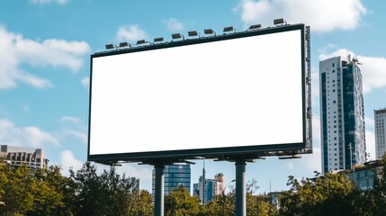 Fototapeta premium Large blank billboard stands in urban landscape under a clear blue sky. Generative AI