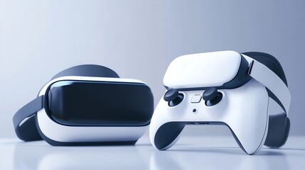 A VR headset and controller against a pink and blue background.