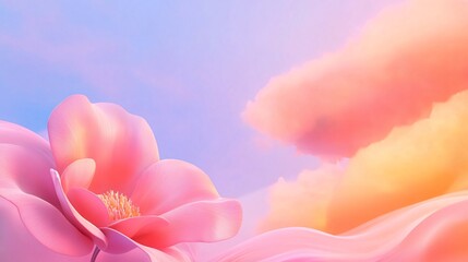 Obraz premium Soft pink flower blooms under a pastel sky filled with fluffy clouds. Generative AI