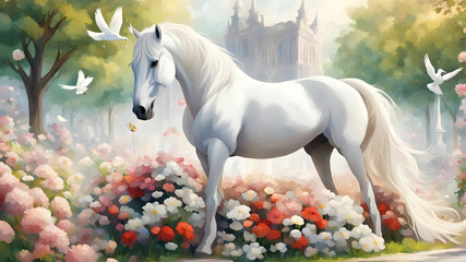 A white horse is standing in a park full of flowers and a beautiful dove is sitting on top of it