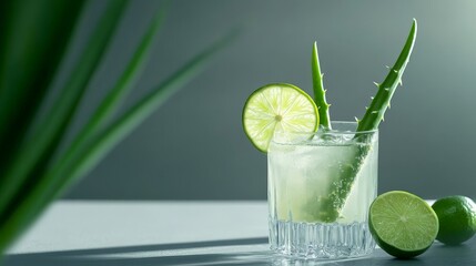 Refreshing aloe vera and lime drink in a glass with fresh lime slices