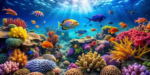 Colorful Coral Reef with Diverse Marine Life, Vibrant Fish Species Swimming Among Coral Structures Underneath the Clear Ocean Water Surface