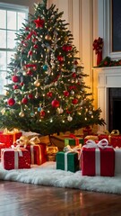 A tall and beautifully decorated Christmas tree standing in a cozy indoor setting