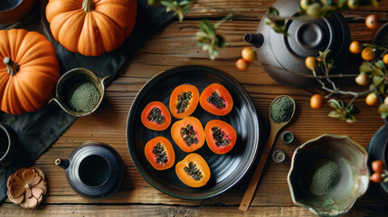 Japanese-inspired fruit decor with precisely sliced persimmons and matcha-dusted dragon fruit, minimalist wooden table, peaceful tea ceremony ambiance