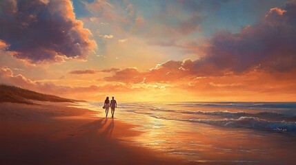 A couple walking hand-in-hand along the beach during sunset, romantic and serene vibes