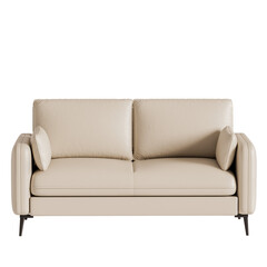 A tan leather couch with two pillows on it