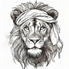 Obraz premium illustration of a lion with headscarf on painted ink sketch drawing isolated on white background