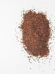 Ground coffee powder or fresh coffee grain isolated on white background, Top view