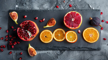 Minimalist fruit arrangement with citrus wheels, pomegranate halves, and artfully placed figs on a modern slate board, clean and sophisticated tone