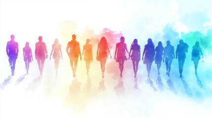 A group of people walking in a rainbow line