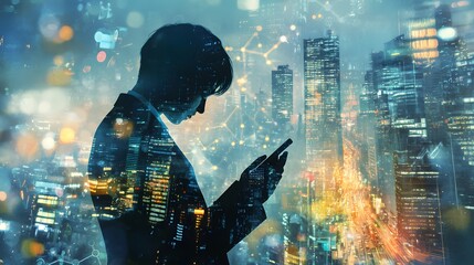 Obraz premium Double exposure of a digital identity, cityscape, and a businessman working on a mobile phone with graphs and buildings in the background