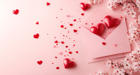 Romantic envelope filled with heart shapes on a pink background, perfect for expressing love during special occasions