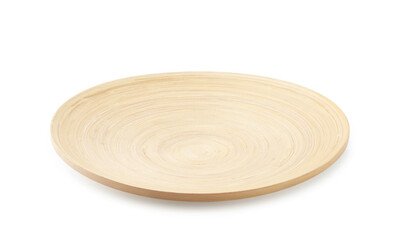 One wooden plate isolated on white. Tableware